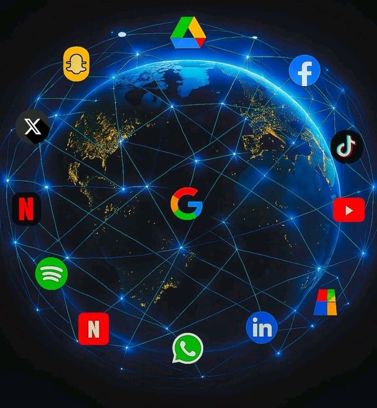 Un globe terrestre enveloppé d'un réseau lumineux, entouré des logos des grandes plateformes numériques